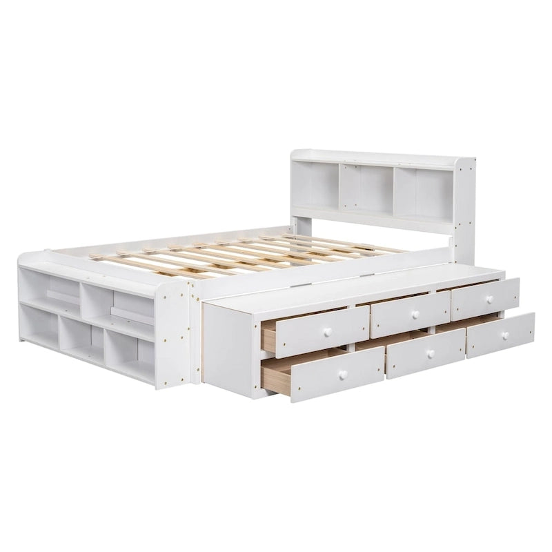 Lit double avec tête de lit bibliothèque, tiroirs de rangement sous le lit et coffre de rangement en bout de lit