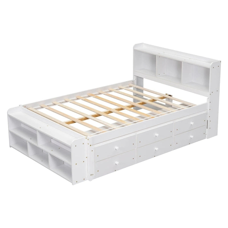 Lit double avec tête de lit bibliothèque, tiroirs de rangement sous le lit et coffre de rangement en bout de lit
