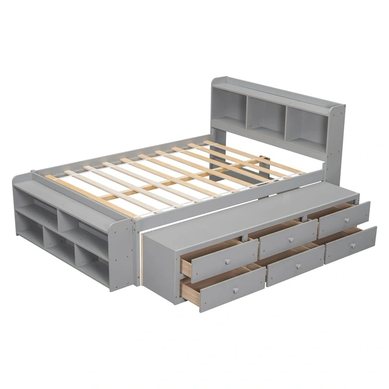 Lit double avec tête de lit bibliothèque, tiroirs de rangement sous le lit et coffre de rangement en bout de lit