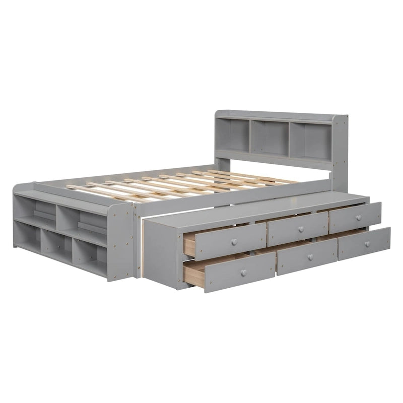 Lit double avec tête de lit bibliothèque, tiroirs de rangement sous le lit et coffre de rangement en bout de lit