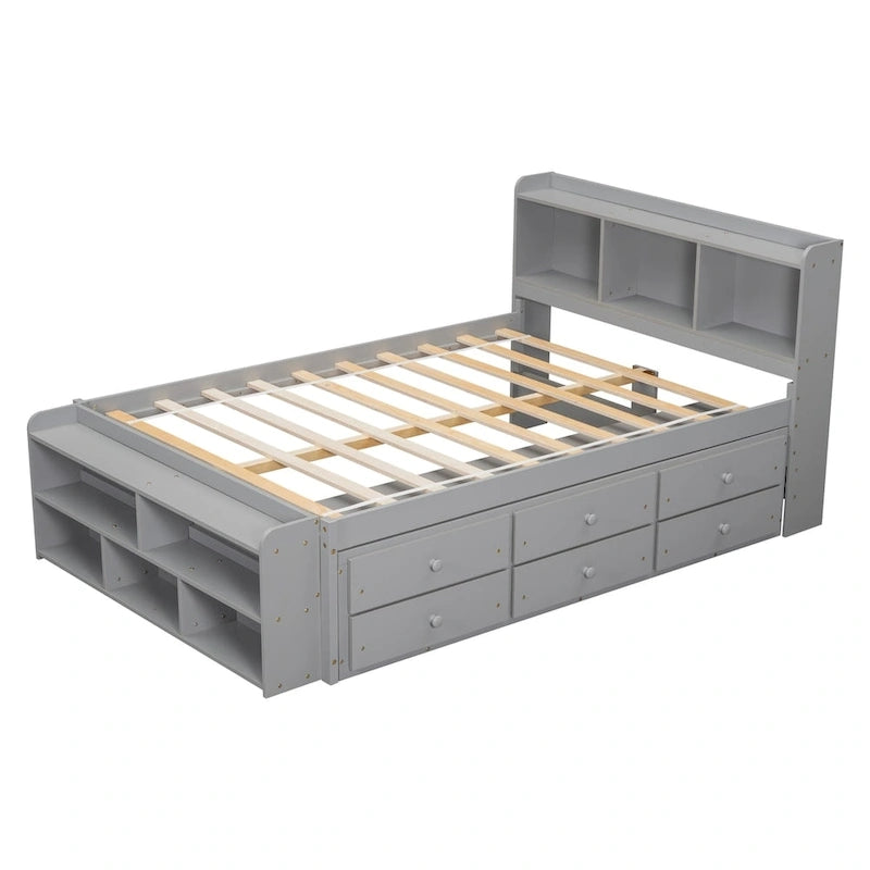 Lit double avec tête de lit bibliothèque, tiroirs de rangement sous le lit et coffre de rangement en bout de lit