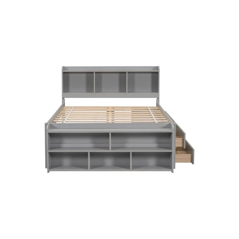 Lit double avec tête de lit bibliothèque, tiroirs de rangement sous le lit et coffre de rangement en bout de lit