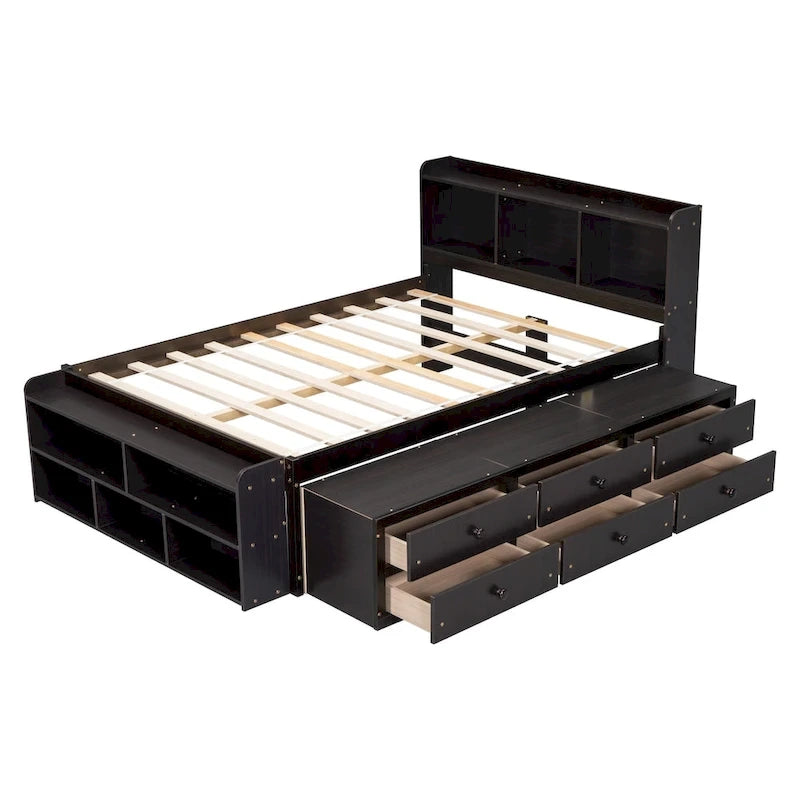 Lit double avec tête de lit bibliothèque, tiroirs de rangement sous le lit et coffre de rangement en bout de lit