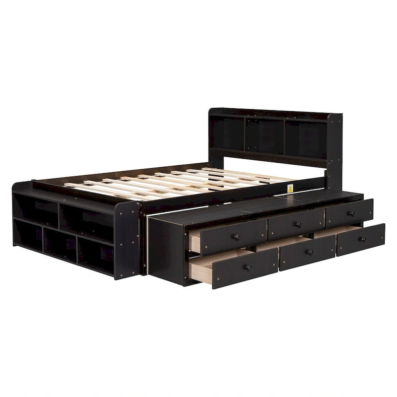 Lit double avec tête de lit bibliothèque, tiroirs de rangement sous le lit et coffre de rangement en bout de lit