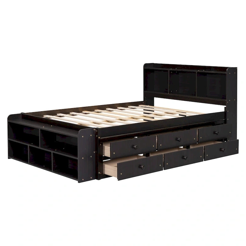 Lit double avec tête de lit bibliothèque, tiroirs de rangement sous le lit et coffre de rangement en bout de lit