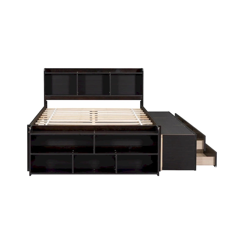 Lit double avec tête de lit bibliothèque, tiroirs de rangement sous le lit et coffre de rangement en bout de lit
