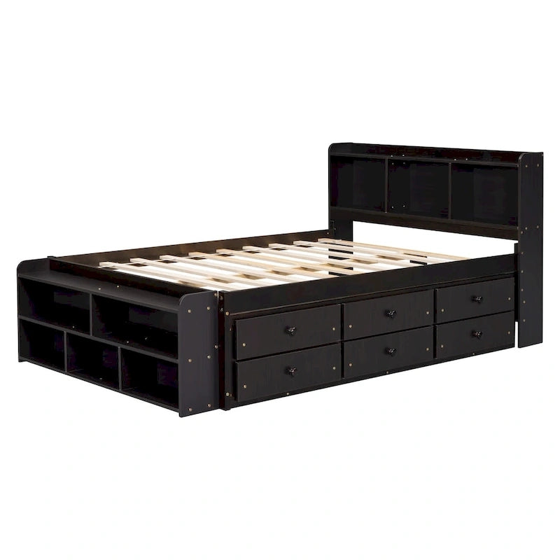 Lit double avec tête de lit bibliothèque, tiroirs de rangement sous le lit et coffre de rangement en bout de lit