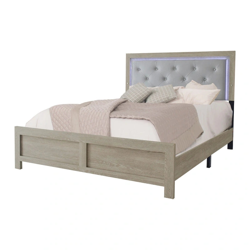 Lit King Size Ancy, tête de lit capitonnée et rembourrée, finition gris clair