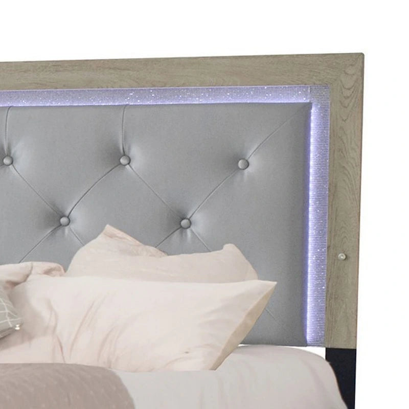 Lit King Size Ancy, tête de lit capitonnée et rembourrée, finition gris clair