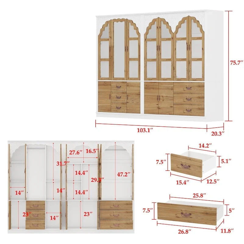 Ensemble double armoire Grand Dressing d'inspiration vintage avec accents métalliques