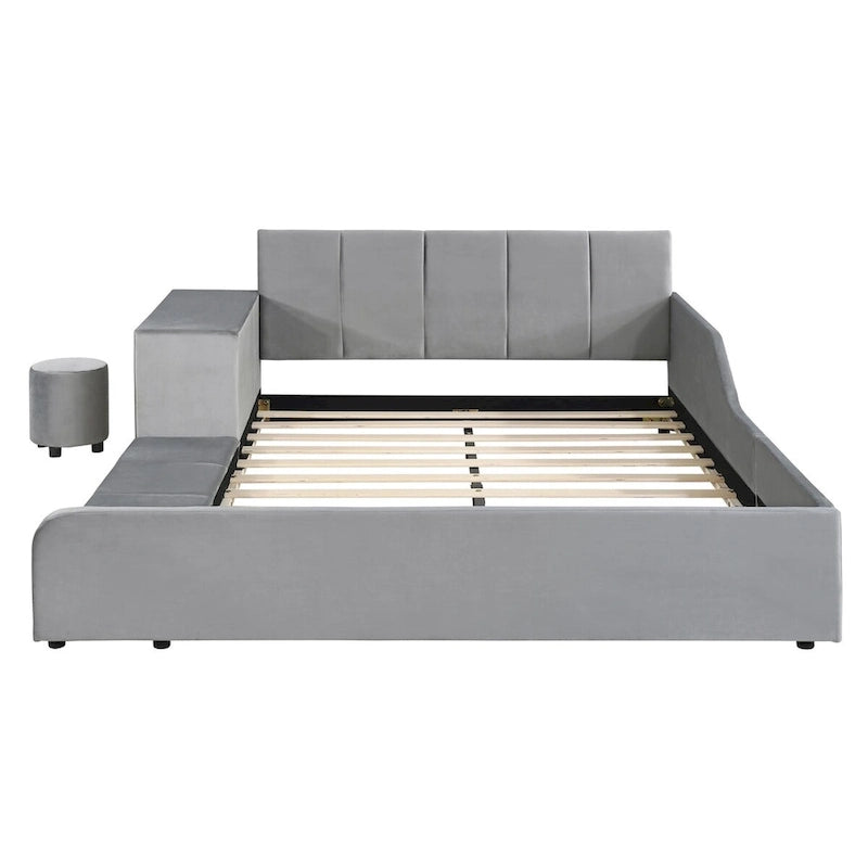 Lit capitonné au sol Mère et Enfant avec bureau de chevet et petit tabouret rond