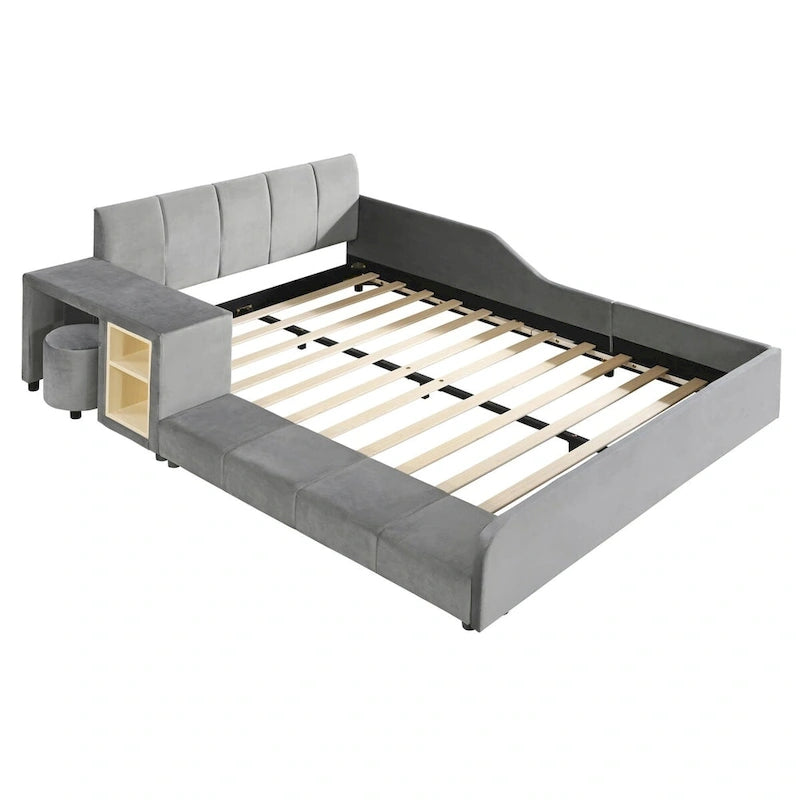 Lit capitonné au sol Mère et Enfant avec bureau de chevet et petit tabouret rond