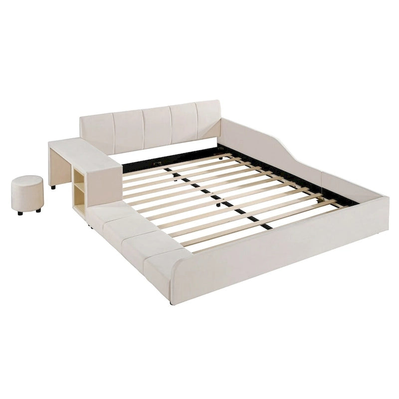 Lit capitonné au sol Mère et Enfant avec bureau de chevet et petit tabouret rond