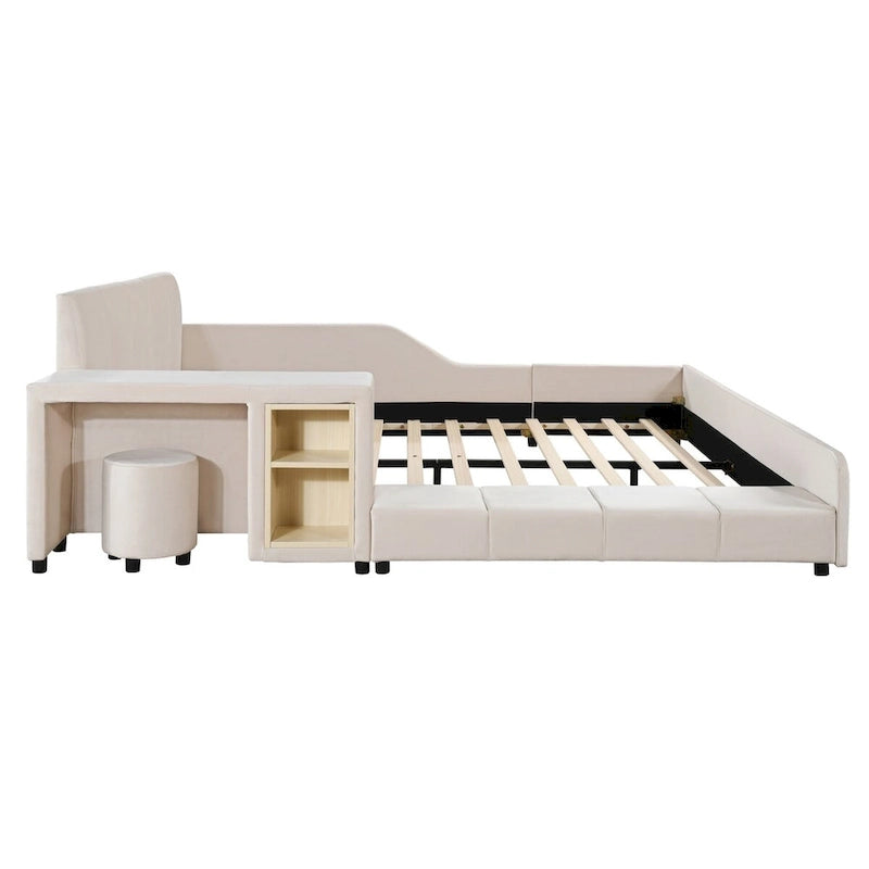 Lit capitonné au sol Mère et Enfant avec bureau de chevet et petit tabouret rond