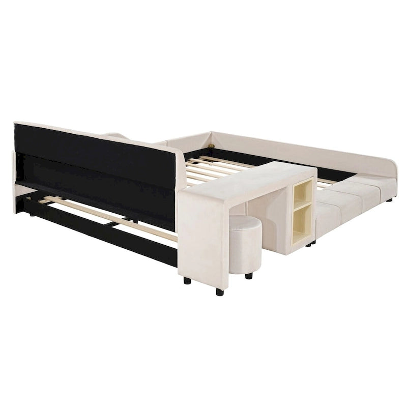 Lit capitonné au sol Mère et Enfant avec bureau de chevet et petit tabouret rond