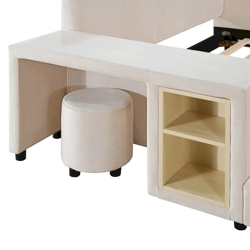 Lit capitonné au sol Mère et Enfant avec bureau de chevet et petit tabouret rond