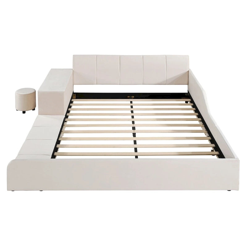 Lit capitonné au sol Mère et Enfant avec bureau de chevet et petit tabouret rond