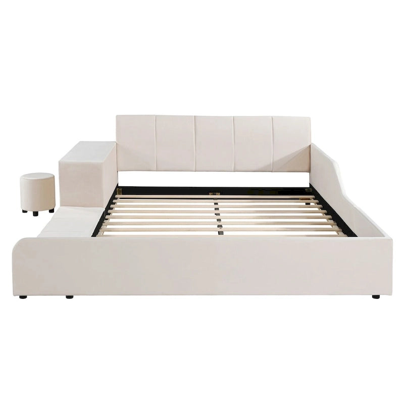 Lit capitonné au sol Mère et Enfant avec bureau de chevet et petit tabouret rond