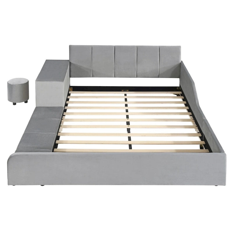 Lit capitonné au sol Mère et Enfant avec bureau de chevet et petit tabouret rond
