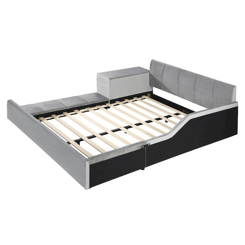 Lit capitonné au sol Mère et Enfant avec bureau de chevet et petit tabouret rond