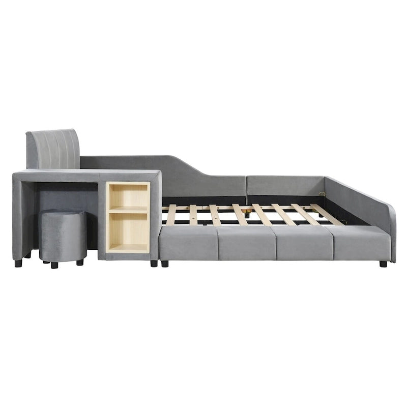 Lit capitonné au sol Mère et Enfant avec bureau de chevet et petit tabouret rond