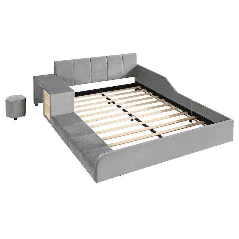 Lit capitonné au sol Mère et Enfant avec bureau de chevet et petit tabouret rond