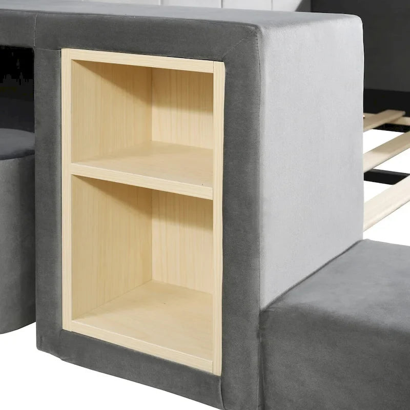 Lit capitonné au sol Mère et Enfant avec bureau de chevet et petit tabouret rond
