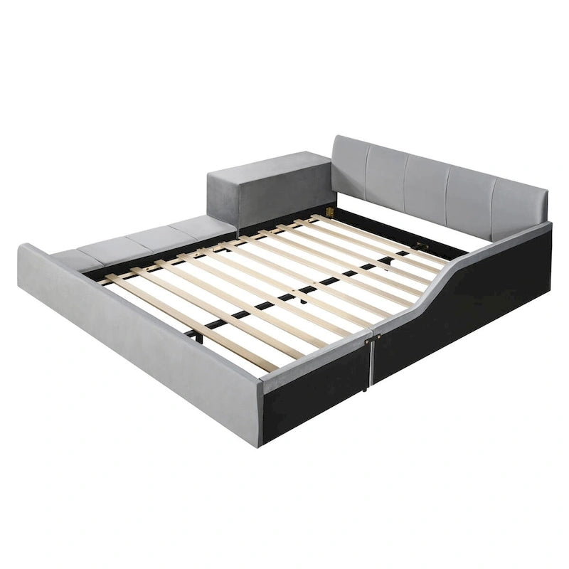 Lit capitonné au sol Mère et Enfant avec bureau de chevet et petit tabouret rond