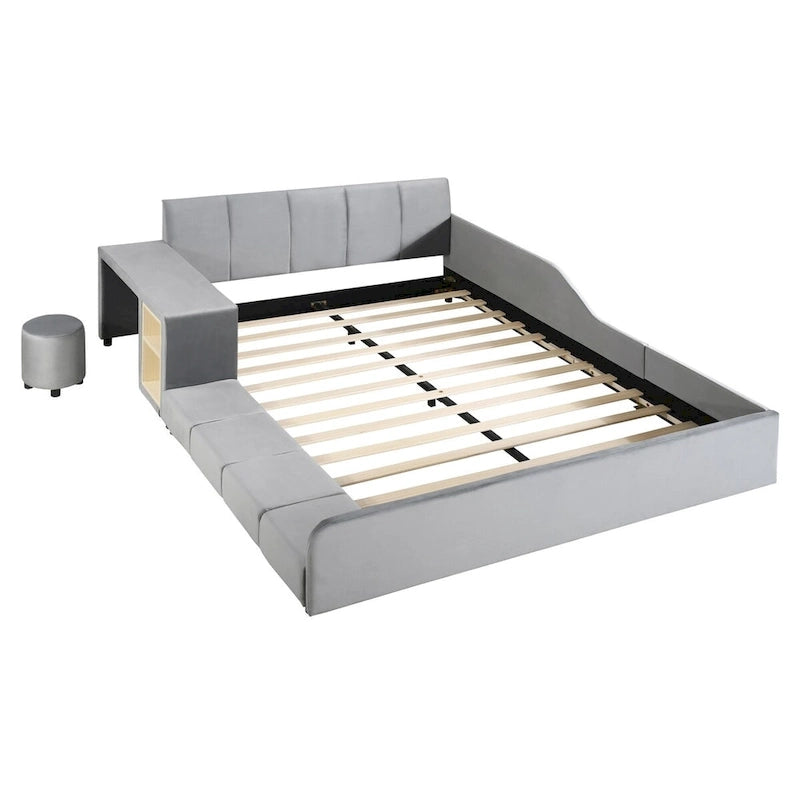 Lit capitonné au sol Mère et Enfant avec bureau de chevet et petit tabouret rond