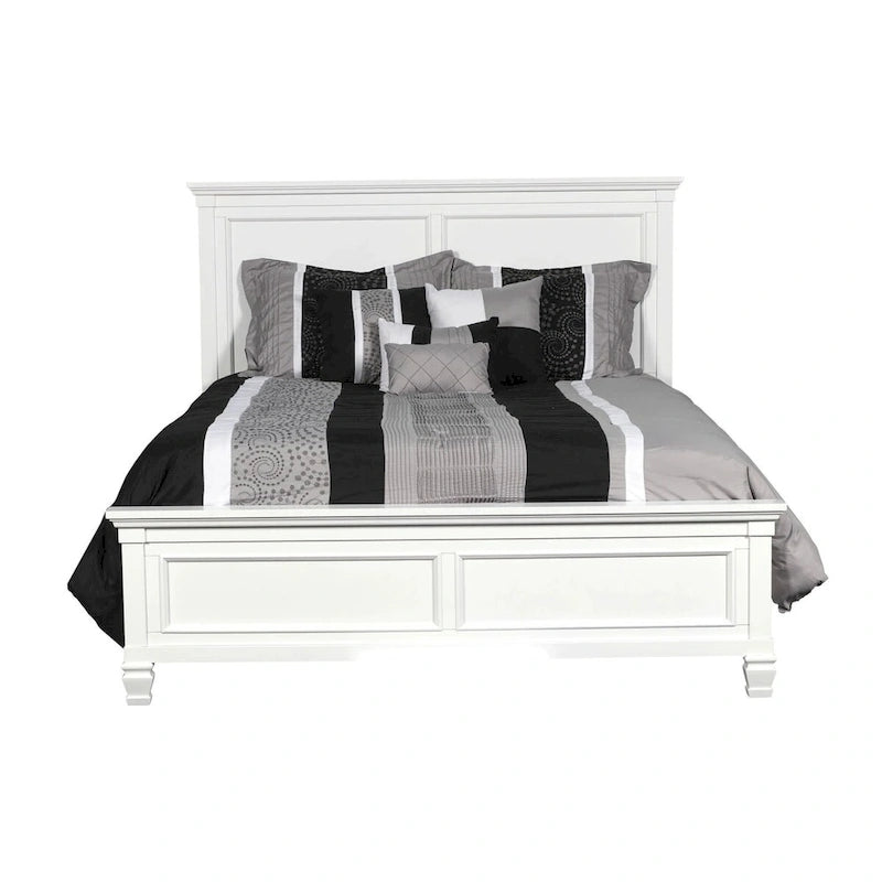Lit double Umi, design classique à panneaux avec détails moulés, bois blanc