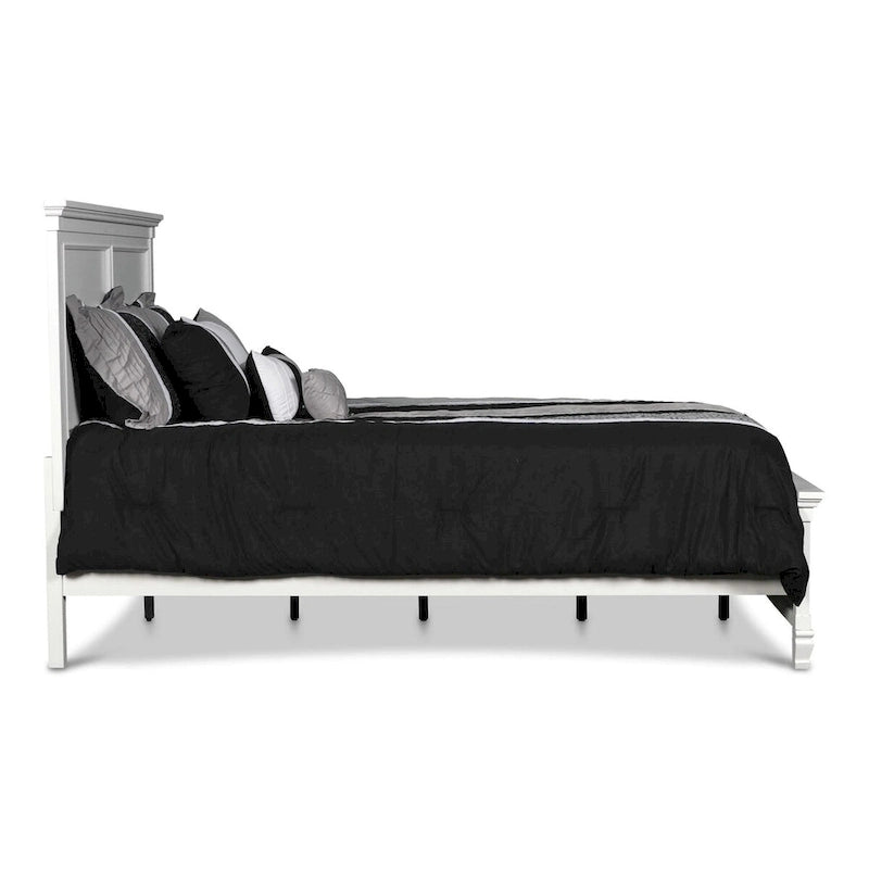 Lit double Umi, design classique à panneaux avec détails moulés, bois blanc
