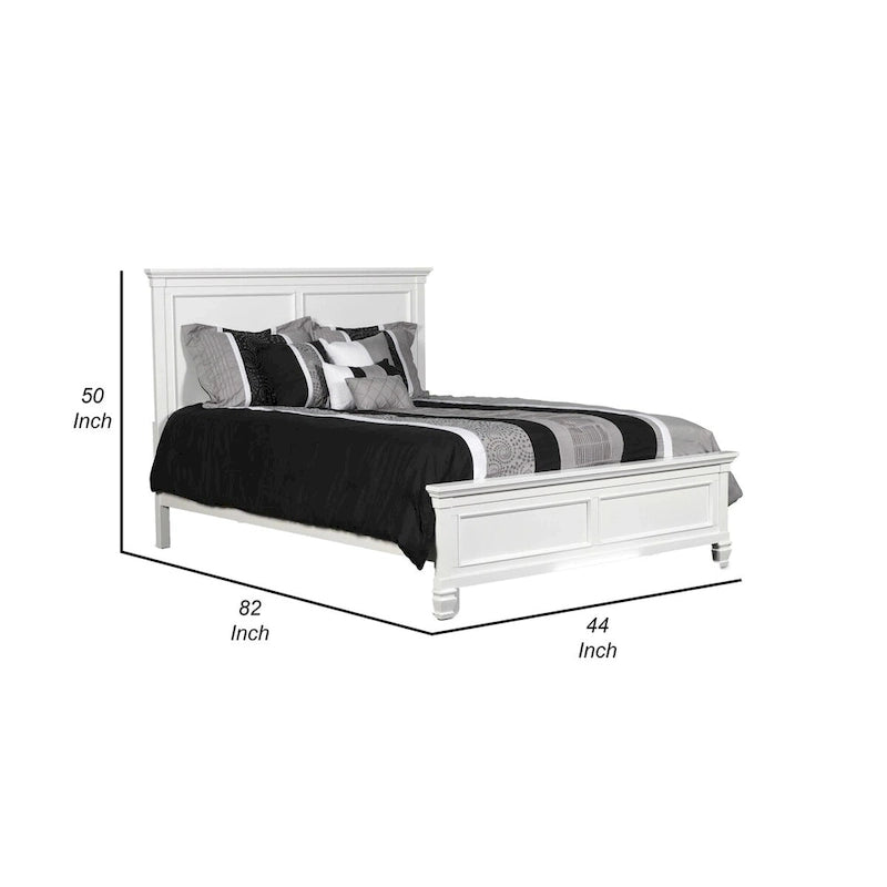 Lit double Umi, design classique à panneaux avec détails moulés, bois blanc