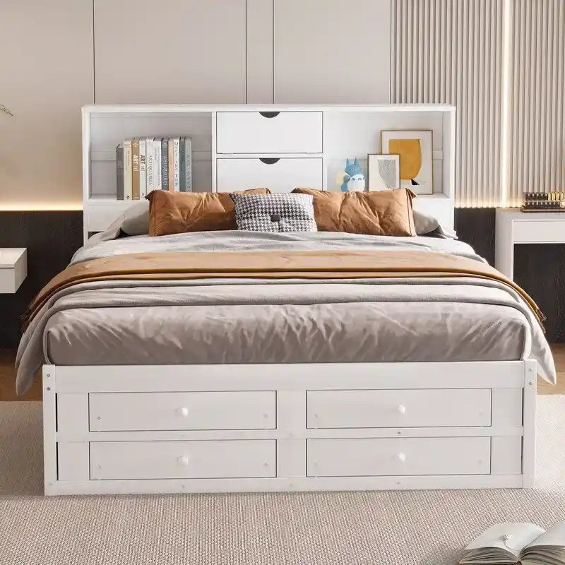 Lit plateforme King Size avec étagère de rangement et 8 tiroirs