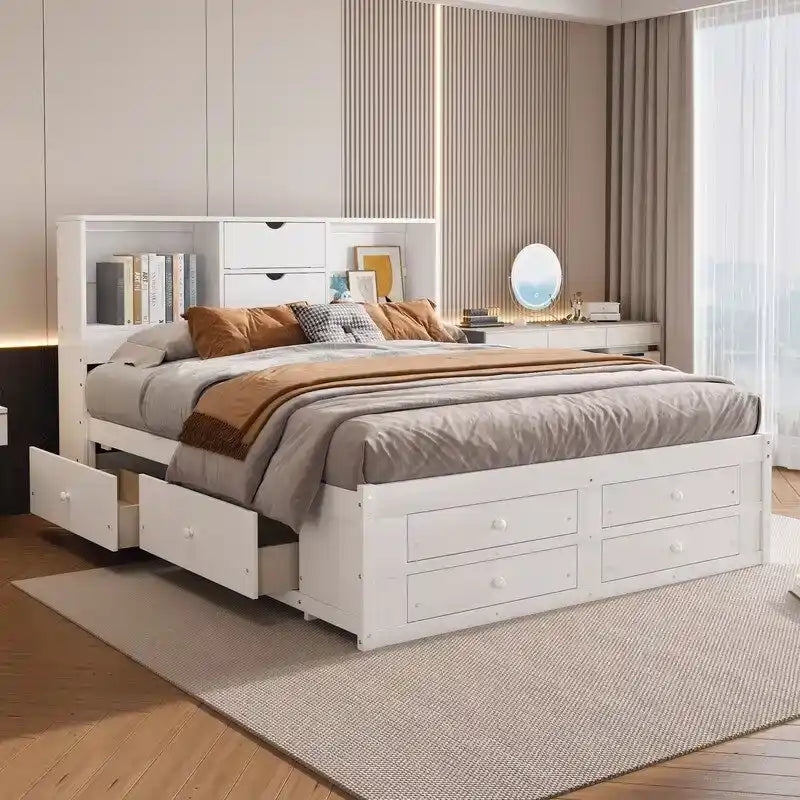 Lit plateforme King Size avec étagère de rangement et 8 tiroirs