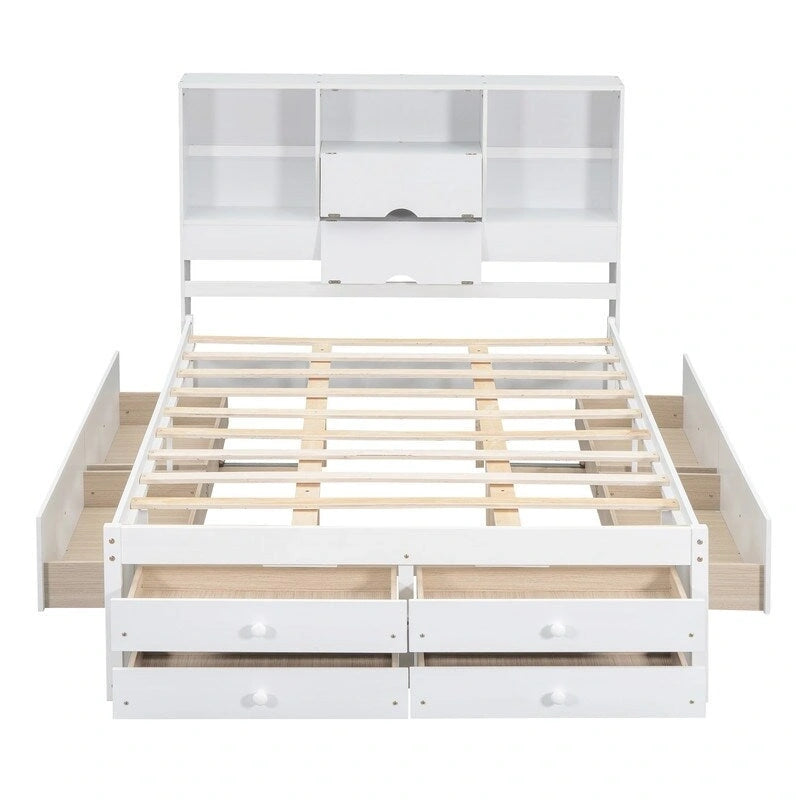Lit plateforme King Size avec étagère de rangement et 8 tiroirs
