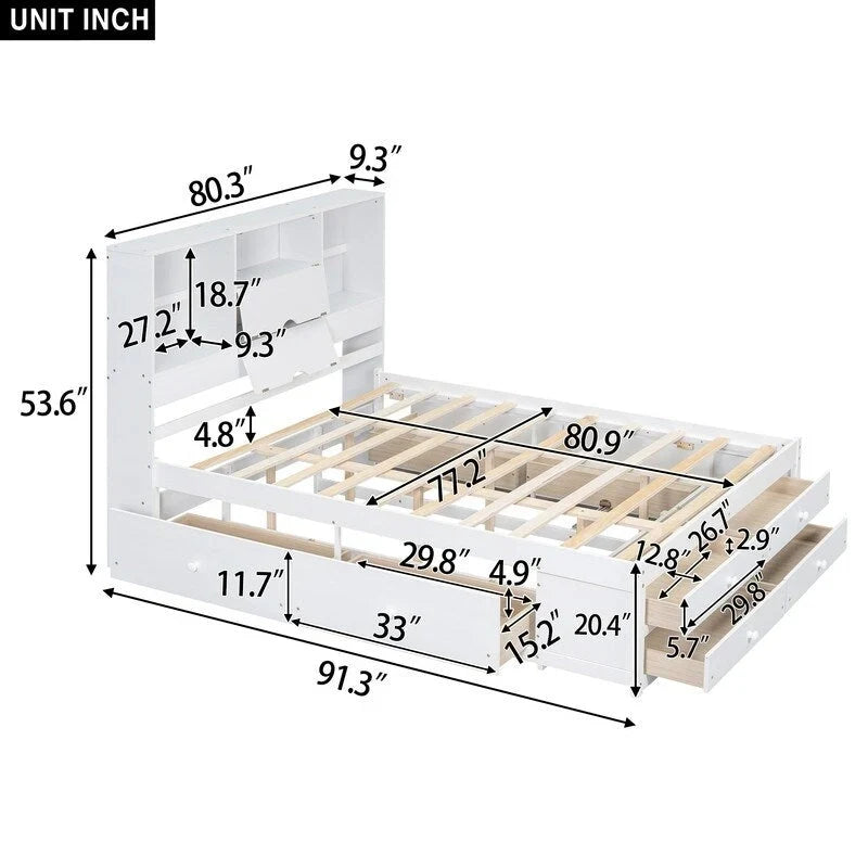 Lit plateforme King Size avec étagère de rangement et 8 tiroirs