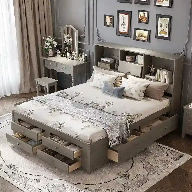 Lit plateforme King Size avec étagère de rangement et 8 tiroirs