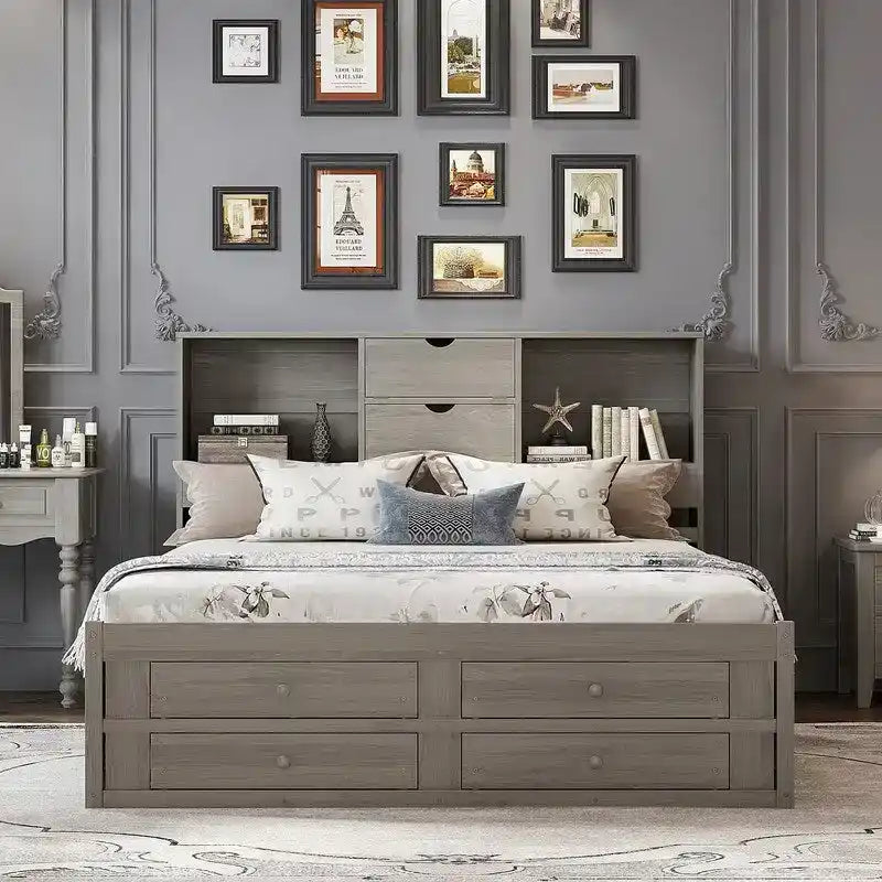 Lit plateforme King Size avec étagère de rangement et 8 tiroirs