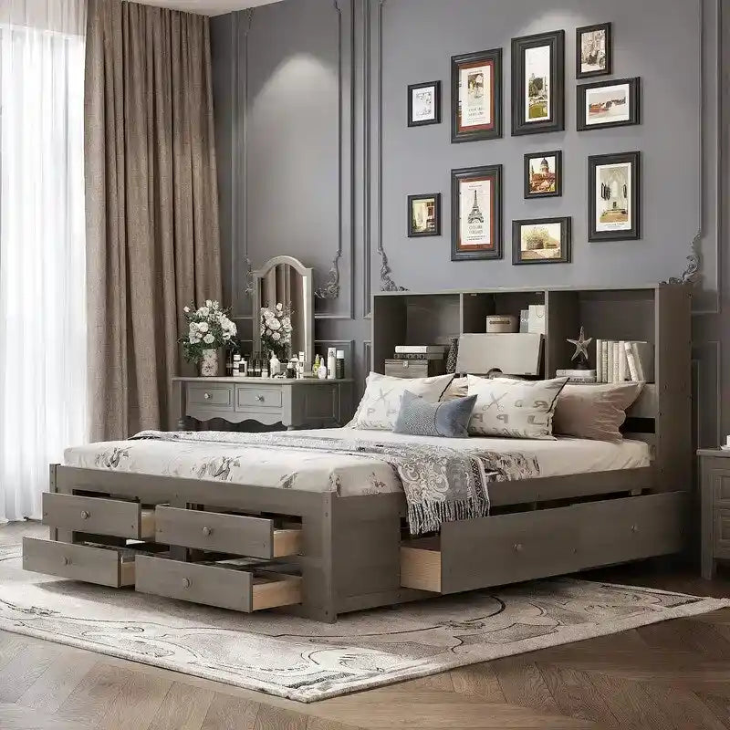 Lit plateforme King Size avec étagère de rangement et 8 tiroirs