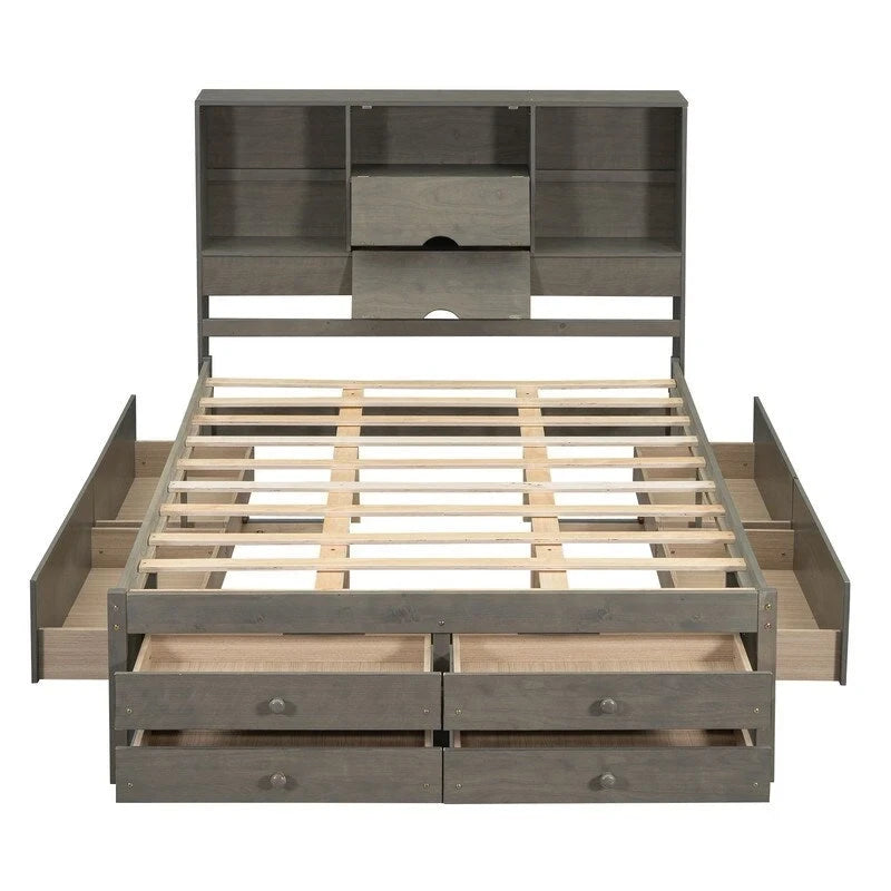 Lit plateforme King Size avec étagère de rangement et 8 tiroirs