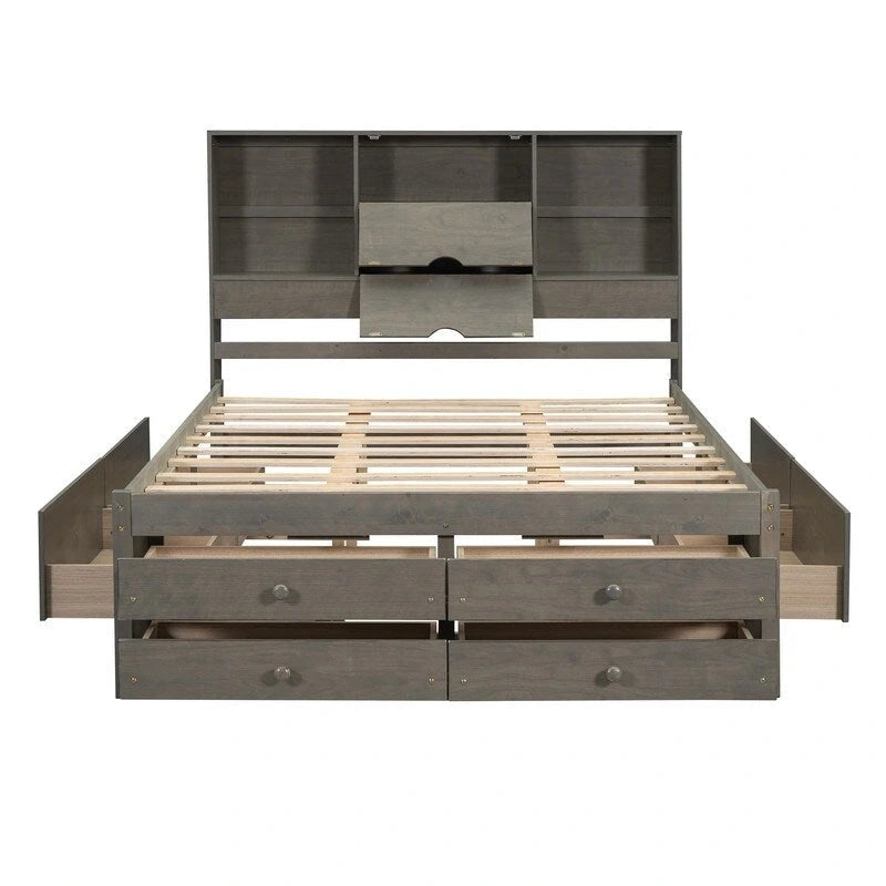 Lit plateforme King Size avec étagère de rangement et 8 tiroirs