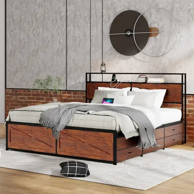 Cadre de lit avec tête de lit de rangement et 12 tiroirs et lumières LED