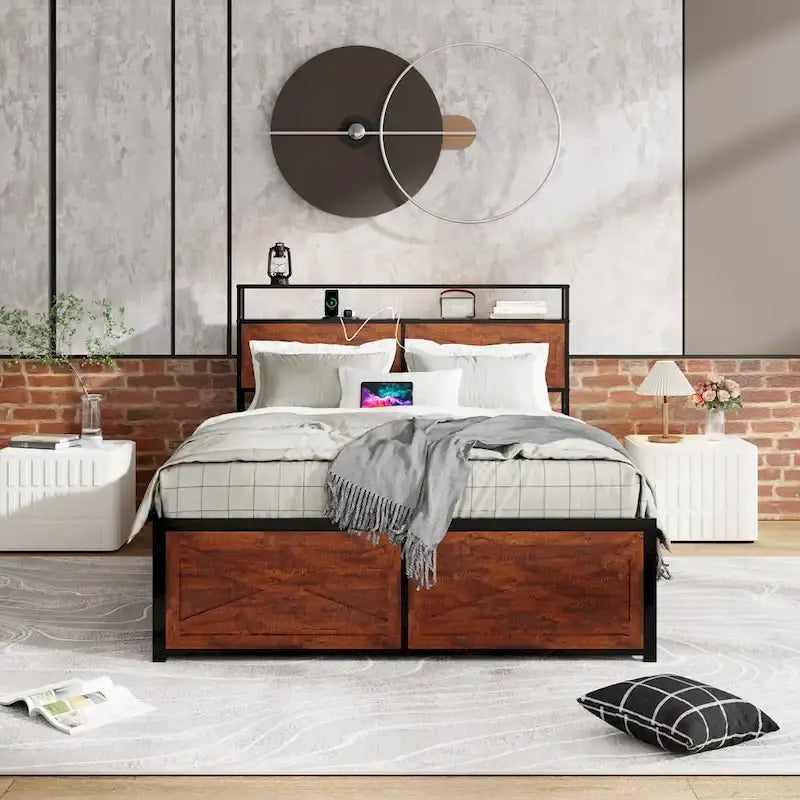 Cadre de lit avec tête de lit de rangement et 12 tiroirs et lumières LED