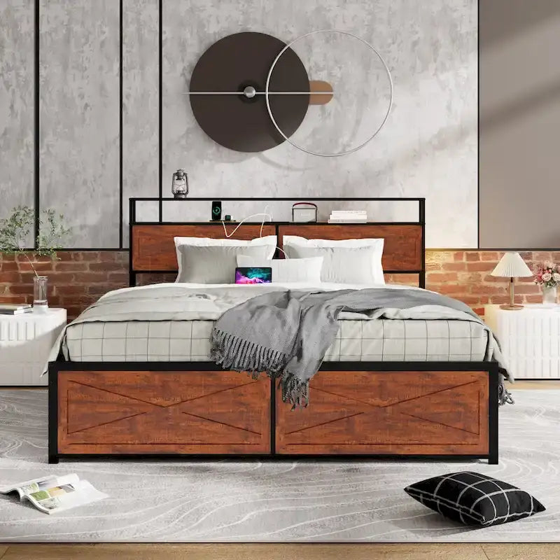 Cadre de lit avec tête de lit de rangement et 12 tiroirs et lumières LED