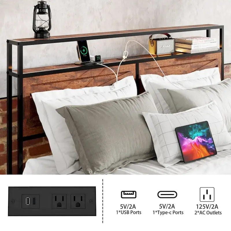 Cadre de lit avec tête de lit de rangement et 12 tiroirs et lumières LED