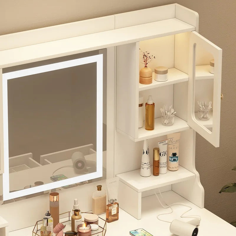 Coiffeuse avec miroir, tiroirs et étagères