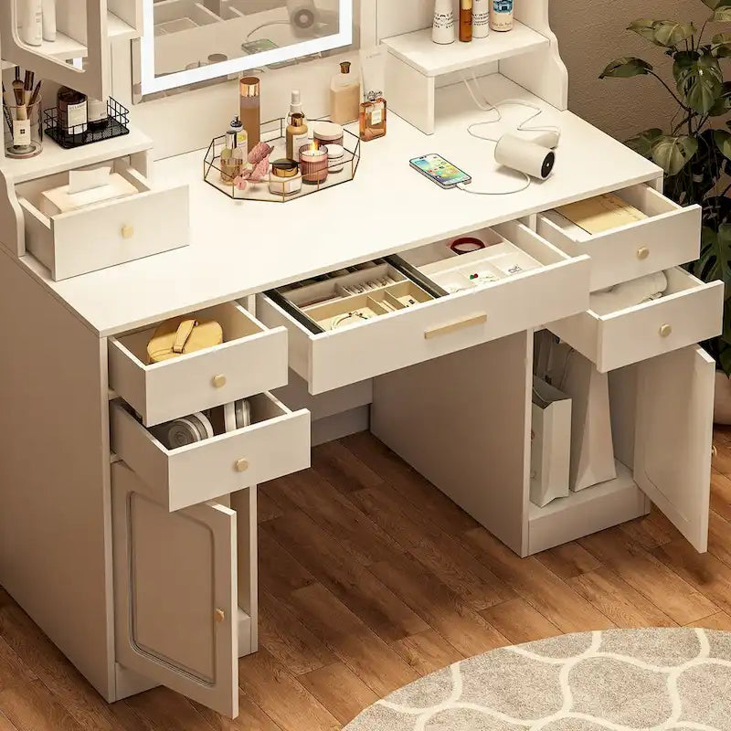 Coiffeuse avec miroir, tiroirs et étagères