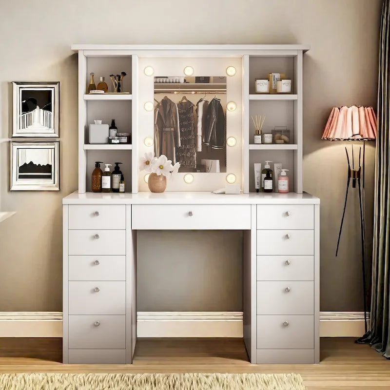 Coiffeuse avec miroir, tiroirs et étagères