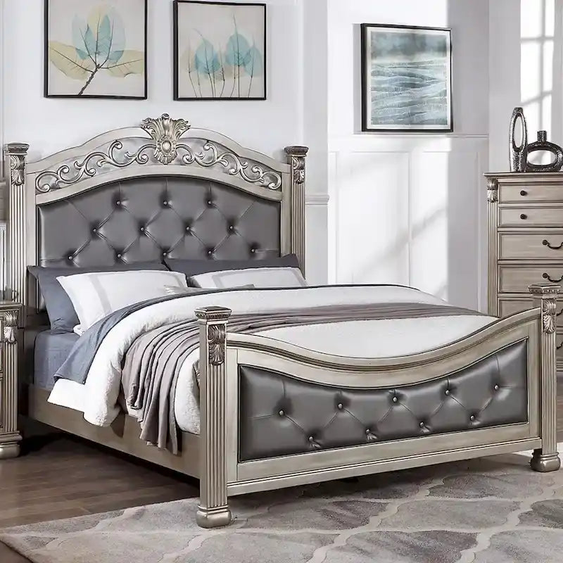 Lit avec tête et pied de lit rembourrés, coloris argent antique