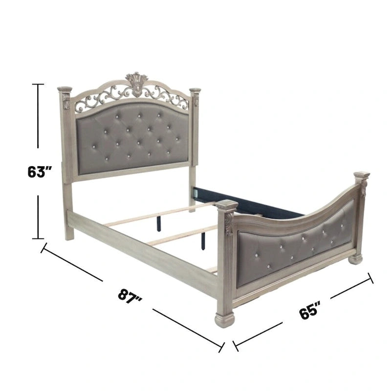 Lit avec tête et pied de lit rembourrés, coloris argent antique